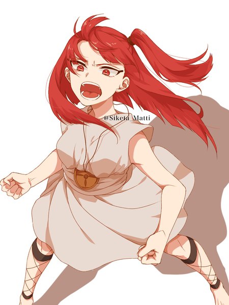 Anime picture 850x1133 with magi the labyrinth of magic a-1 pictures morgiana mizuki mau single tall image short hair open mouth simple background red eyes standing white background signed looking away red hair from above shadow twitter username one side up screaming