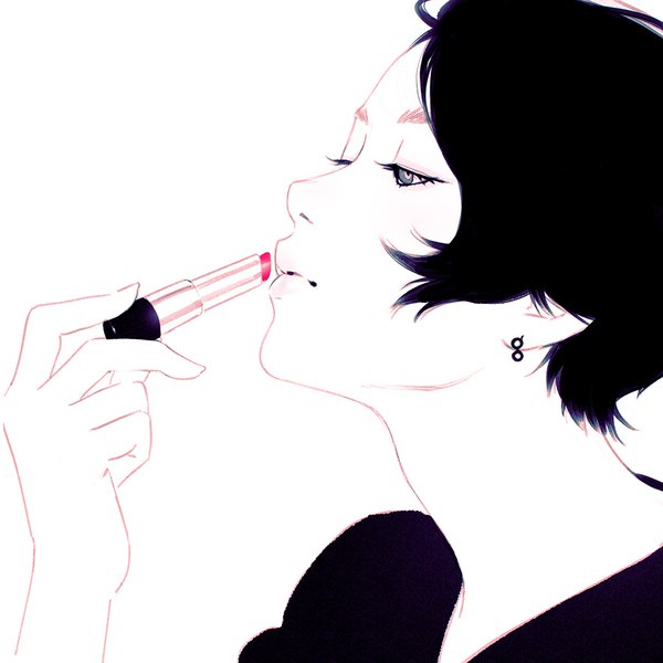 Anime picture 1080x1080 with original ilya kuvshinov single short hair black hair simple background white background looking away profile grey eyes girl earrings lipstick tube