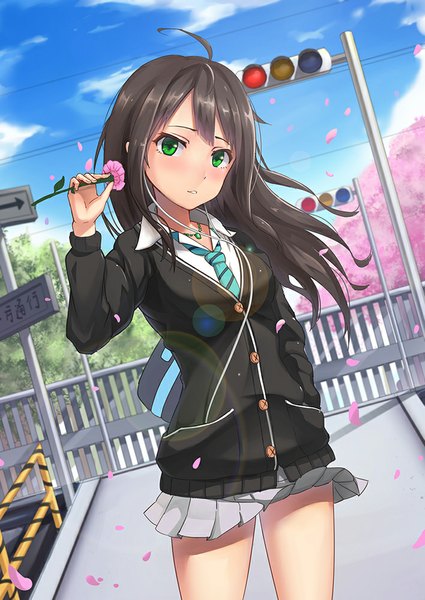 Anime picture 708x1000 with idolmaster idolmaster cinderella girls shibuya rin yi l chen 5 single long hair tall image blush fringe brown hair green eyes sky cloud (clouds) parted lips pleated skirt wind sunlight shadow cherry blossoms open collar