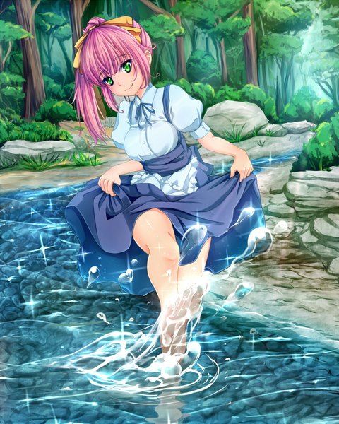 Anime picture 800x1000 with original chibimame single long hair tall image looking at viewer breasts smile standing green eyes payot pink hair full body outdoors ponytail barefoot bare legs sparkle puffy sleeves partially submerged