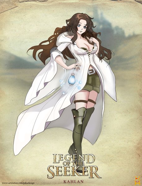 Anime picture 1500x1965 with legend of the seeker kahlan amnell pikatya single long hair tall image looking at viewer breasts blue eyes light erotic brown hair standing cleavage full body head tilt copyright name character names magic girl shorts