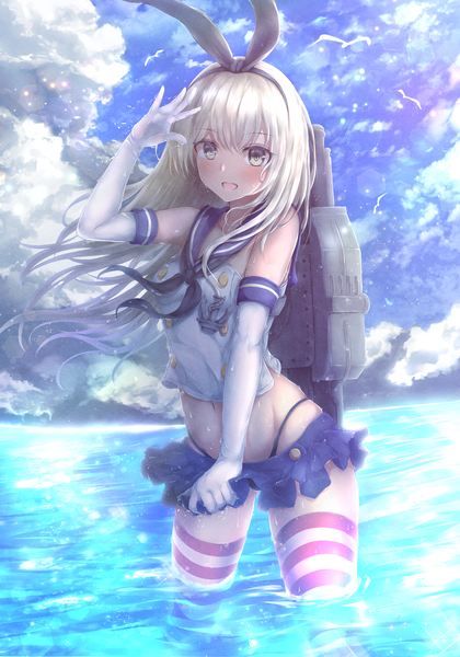 Anime picture 1400x2000 with kantai collection shimakaze destroyer absent single long hair tall image looking at viewer blush fringe open mouth light erotic blonde hair hair between eyes standing sky cloud (clouds) :d pleated skirt arm up wind