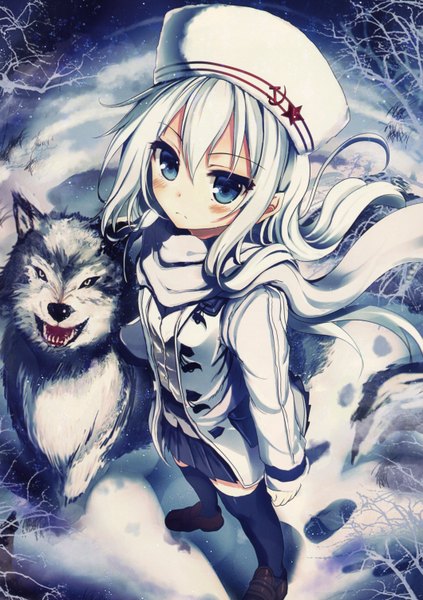 Anime picture 2119x3004 with kantai collection hibiki destroyer verniy destroyer akabane (zebrasmise) single long hair tall image looking at viewer blush fringe highres blue eyes hair between eyes standing outdoors white hair long sleeves pleated skirt from above wind