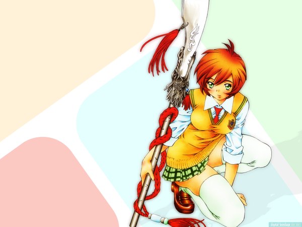 Anime picture 1600x1200 with ikkitousen looking at viewer simple background green eyes orange hair zettai ryouiki thighhighs skirt uniform weapon school uniform miniskirt necktie