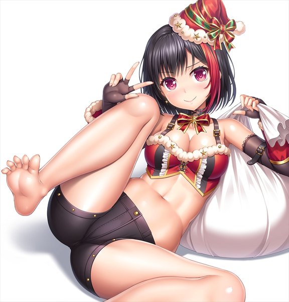 Anime picture 815x850 with bang dream! mitake ran lambda (kusowarota) single tall image looking at viewer blush fringe short hair breasts light erotic black hair simple background smile white background purple eyes bare shoulders holding cleavage head tilt