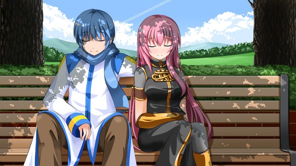 Anime picture 1920x1080 with vocaloid megurine luka kaito (vocaloid) yaki tori (artist) long hair highres short hair wide image blue hair pink hair eyes closed couple girl boy plant (plants) tree (trees) scarf bench