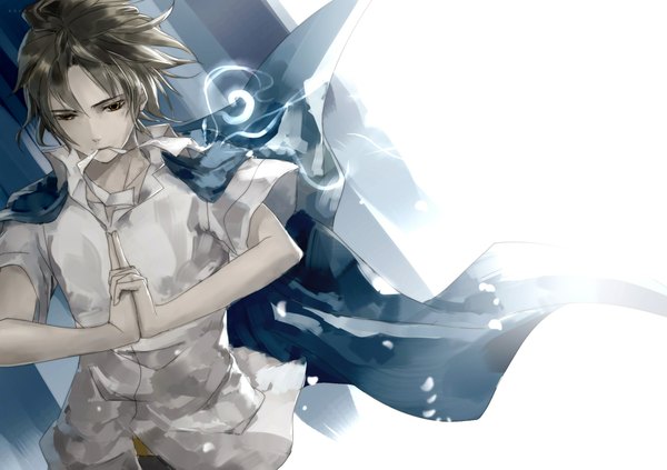 Anime picture 2373x1673 with natsume yuujinchou brains base (studio) natsume takashi escente (artist) single highres short hair open mouth simple background brown hair white background brown eyes magic boy shirt cape paper