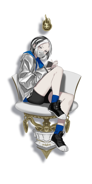 Anime picture 512x1024 with caligula kuchinashi (caligula) oguchi (sugimoto gang) single tall image looking at viewer short hair black hair sitting full body bent knee (knees) white hair multicolored hair two-tone hair official art transparent background silver eyes girl socks shoes