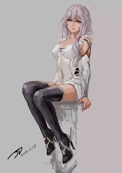 Anime picture 1280x1810 with guilty crown production i.g yuzuriha inori ittou single long hair tall image looking at viewer fringe breasts light erotic simple background hair between eyes red eyes sitting bare shoulders signed pink hair full body grey background