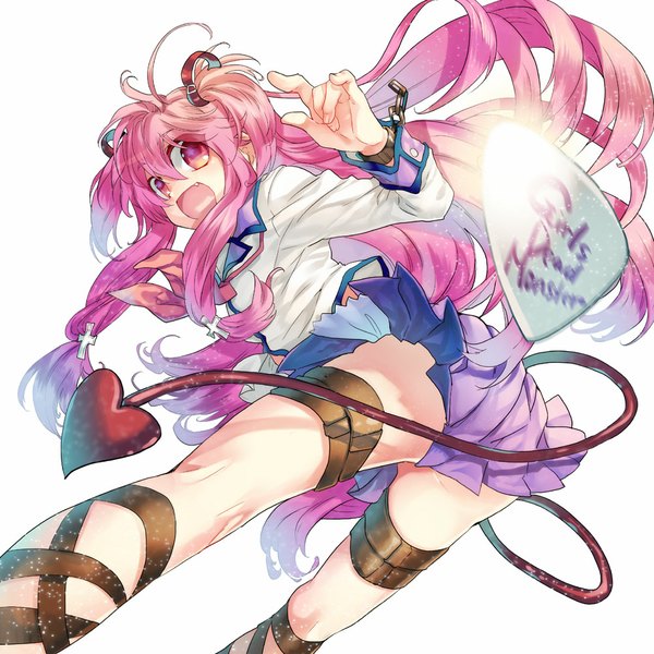 Anime picture 1000x1000 with angel beats! key (studio) yui (angel beats!) tenkuu sphere single long hair looking at viewer open mouth light erotic simple background white background pink hair ahoge tail pink eyes two side up demon tail girl serafuku shackles