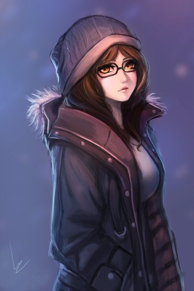Anime picture 800x1200 with original chaosringen single tall image looking at viewer fringe brown hair brown eyes lips realistic hands in pockets girl hat glasses jacket fur winter clothes