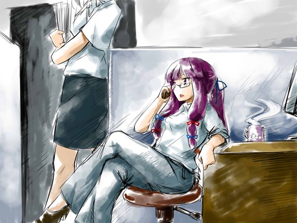 Anime picture 1600x1200 with touhou patchouli knowledge highres sitting purple hair crossed legs office lady contemporary office girl shirt glasses shoes pants chair mug phone office chair bc