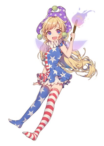 Anime picture 1700x2390 with touhou clownpiece acidear single long hair tall image looking at viewer fringe open mouth simple background blonde hair smile white background purple eyes full body no shoes zettai ryouiki sleeveless curly hair different thighhighs