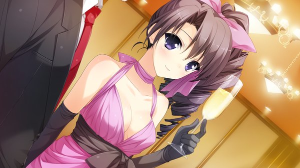 Anime picture 1920x1080 with berry's morikubo yuna suzuhira hiro long hair highres brown hair wide image purple eyes bare shoulders game cg drill hair girl dress gloves bow hair bow elbow gloves