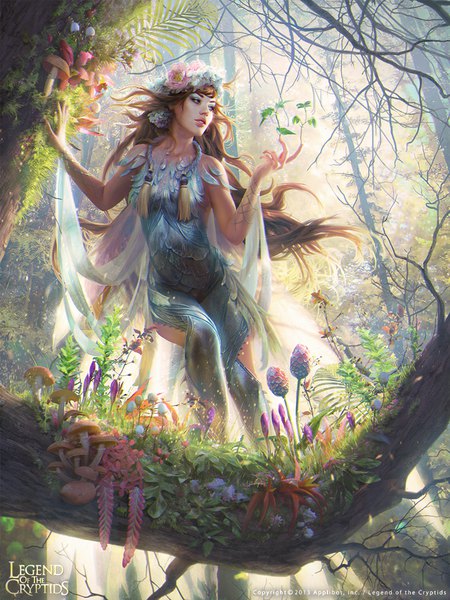 Anime picture 797x1062 with legend of the cryptids janaschi (artist) single long hair tall image brown hair bare shoulders signed looking away bent knee (knees) parted lips hair flower lips realistic copyright name floating hair eyebrows eyeshadow fantasy bare tree
