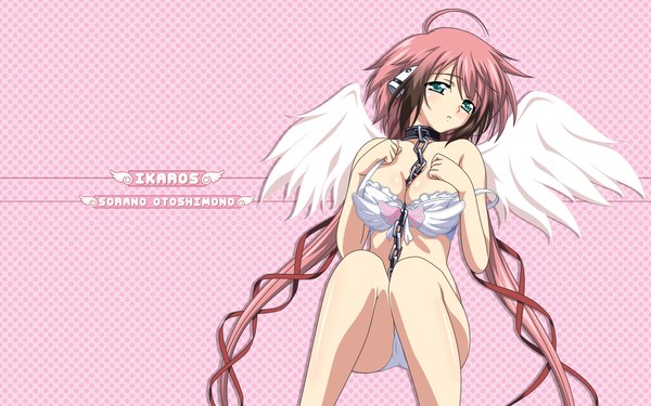 Anime picture 1920x1200 with sora no otoshimono ikaros highres light erotic simple background wide image green eyes pink hair ahoge very long hair inscription underwear only pantyshot sitting polka dot polka dot background girl underwear panties wings chain