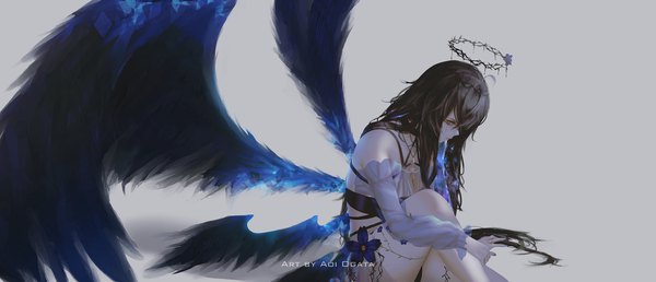 Anime picture 2115x911 with original aoi ogata single long hair fringe highres blue eyes light erotic black hair simple background hair between eyes wide image sitting signed looking away nail polish profile grey background multiple wings girl