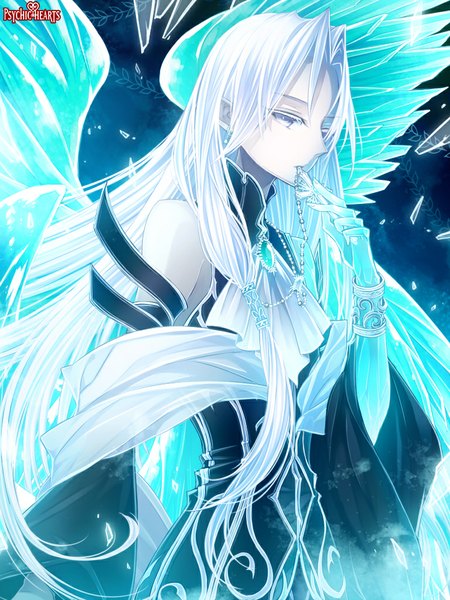 Anime picture 768x1024 with psychic hearts mercurey rylefalen single long hair tall image bare shoulders silver hair white hair very long hair pale skin silver eyes white eyes detached sleeves wings bracelet pendant cross beads neckerchief brooch