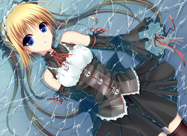 Anime picture 1200x872 with shouyan single long hair blue eyes blonde hair twintails lying girl thighhighs dress ribbon (ribbons) black thighhighs detached sleeves water