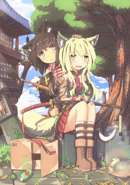 Anime picture 2480x3508 with original hinbackc long hair tall image looking at viewer fringe highres short hair open mouth blue eyes black hair blonde hair hair between eyes sitting bare shoulders multiple girls green eyes signed animal ears sky