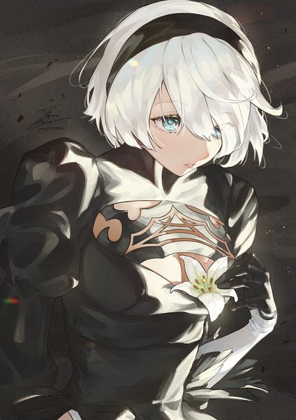 Anime picture 1061x1500 with nier nier:automata yorha no. 2 type b fadingz single tall image fringe short hair breasts blue eyes simple background standing signed looking away cleavage upper body white hair parted lips hair over one eye mole