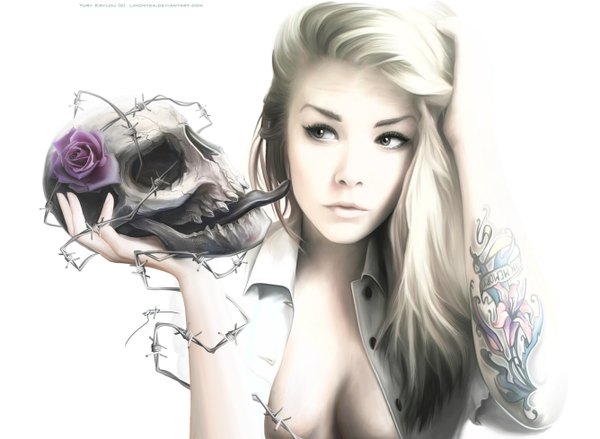 Anime picture 2669x1956 with original limontea single long hair highres breasts light erotic blonde hair simple background white background brown eyes open clothes tattoo open shirt girl flower (flowers) rose (roses) skull barbed wire