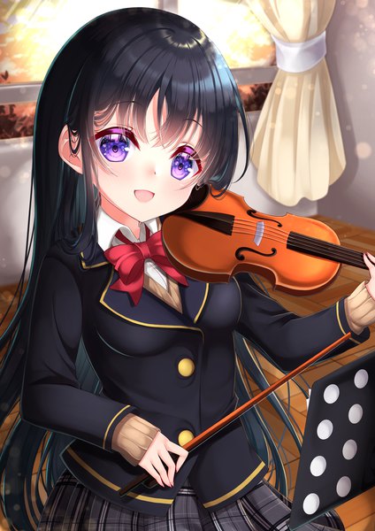 Anime picture 1414x2000 with original mirai (happy-floral) single long hair tall image blush open mouth black hair purple eyes indoors :d girl uniform school uniform window curtains musical instrument violin bow (instrument)