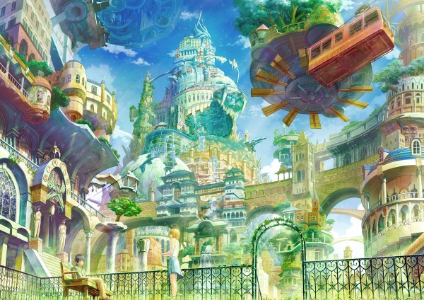 Anime picture 1200x848 with original kaitan short hair blonde hair standing sitting sky cloud (clouds) sunlight from below city light science fiction girl boy skirt plant (plants) tree (trees) building (buildings) halo