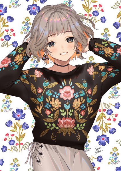 Anime picture 1018x1440 with original midori foo single tall image looking at viewer blush fringe short hair blue eyes smile standing signed silver hair long sleeves multicolored hair arms up streaked hair grin floral print adjusting hair