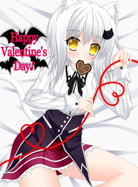 Anime picture 1000x1350 with highschool dxd toujou koneko tagme (artist) single tall image blush fringe short hair breasts animal ears yellow eyes white hair tail animal tail light smile cat ears bare legs cat girl cat tail valentine