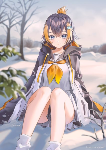 Anime picture 1414x2000 with virtual youtuber nijisanji nijisanji en petra gurin petra gurin (1st costume) kimopoleis single tall image looking at viewer fringe short hair blue eyes black hair hair between eyes sitting signed multicolored hair open jacket streaked hair bare tree