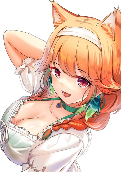 Anime picture 868x1228 with virtual youtuber hololive hololive english takanashi kiara yan (nicknikg) single long hair tall image breasts open mouth light erotic simple background red eyes large breasts white background animal ears cleavage braid (braids) :d from above