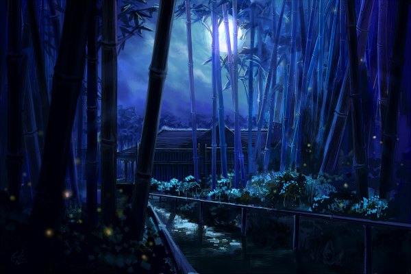 Anime picture 1200x800 with original c.z. sky cloud (clouds) night no people landscape scenic plant (plants) tree (trees) moon full moon forest house fireflies bamboo