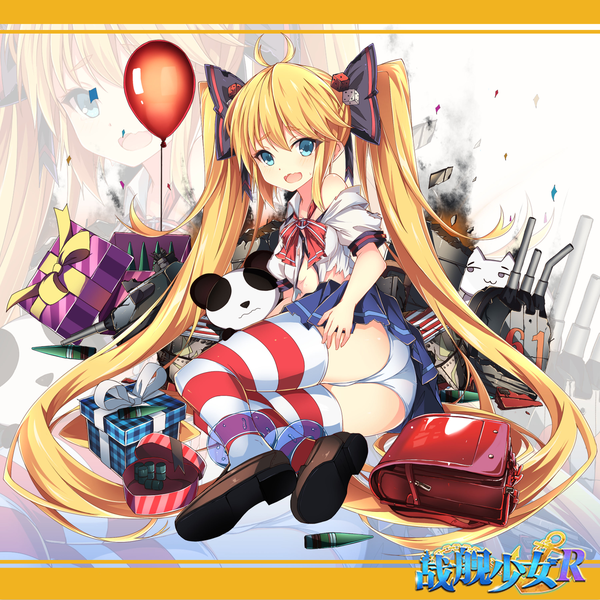Anime picture 1405x1406 with warship girls r andrea doria (warship girls r) jianren single tall image looking at viewer blush fringe open mouth light erotic blonde hair hair between eyes twintails full body ahoge bent knee (knees) very long hair pleated skirt aqua eyes copyright name