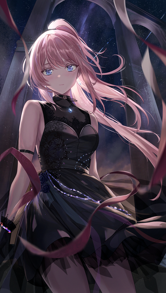 Anime picture 1818x3200 with original heichanart single long hair tall image looking at viewer blush fringe highres blue eyes standing bare shoulders payot pink hair outdoors ponytail wind night night sky girl