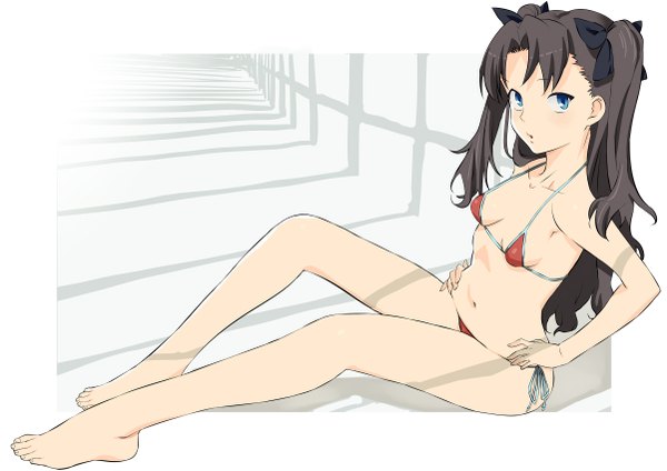 Anime picture 1202x850 with fate (series) fate/stay night type-moon toosaka rin arumi (arumi-ke) single long hair looking at viewer blue eyes light erotic black hair white background from above two side up legs hands on hips girl bow swimsuit hair bow