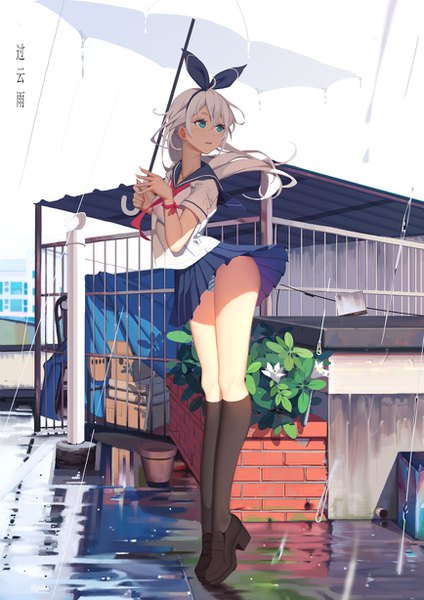 Anime picture 868x1228 with original soulkiller (brz) single long hair tall image light erotic looking away full body white hair aqua eyes shadow pantyshot rain girl skirt uniform underwear panties flower (flowers) bow