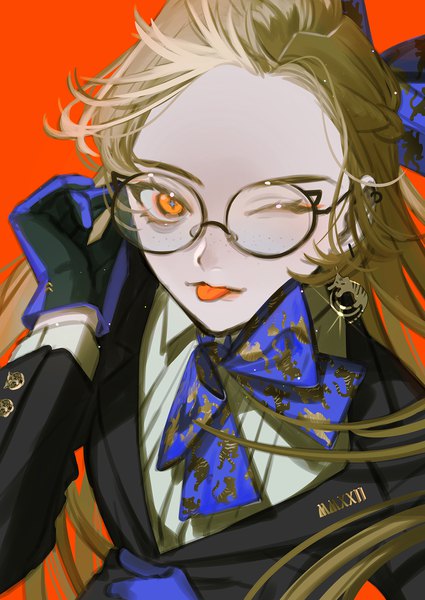 Anime picture 1254x1771 with original toinana single long hair tall image looking at viewer simple background blonde hair upper body one eye closed orange eyes half updo red background new year adjusting glasses girl gloves earrings glasses tongue