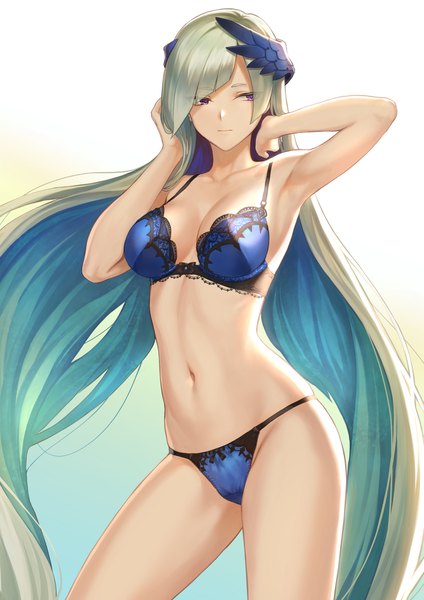 Anime picture 1302x1842 with fate (series) fate/grand order fate/prototype: fragments of blue and silver fate/prototype brynhildr (fate) mashuu (neko no oyashiro) single tall image fringe breasts light erotic simple background large breasts standing purple eyes looking away cleavage very long hair multicolored hair aqua hair