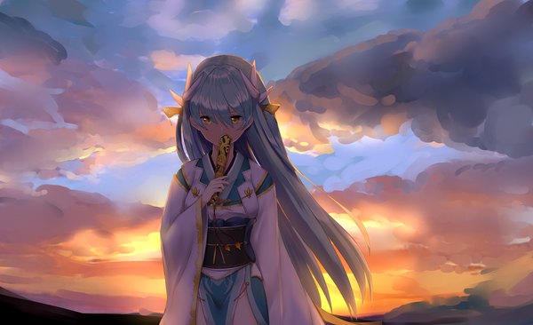 Anime picture 4993x3046 with fate (series) fate/grand order kiyohime (fate) i.f.s.f single long hair looking at viewer fringe highres breasts hair between eyes wide image standing holding yellow eyes absurdres sky cloud (clouds) outdoors traditional clothes