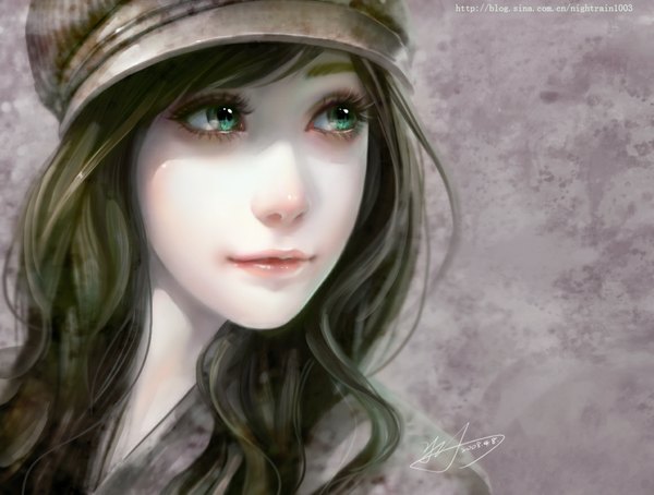 Anime picture 1160x878 with original yu-han single long hair fringe green eyes signed looking away green hair light smile lips wavy hair close-up face pale skin girl hat