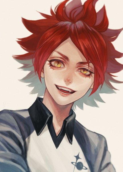 Anime picture 1273x1768 with inazuma eleven nagumo haruya fioletovyy single tall image looking at viewer short hair open mouth simple background smile white background yellow eyes upper body red hair :d symbol-shaped pupils portrait spiked hair boy