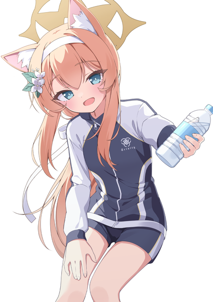 Anime picture 868x1228 with blue archive mari (blue archive) mari (gym uniform) (blue archive) quarterlift single long hair tall image looking at viewer fringe open mouth blue eyes simple background hair between eyes white background animal ears :d orange hair official alternate costume low ponytail outstretched hand