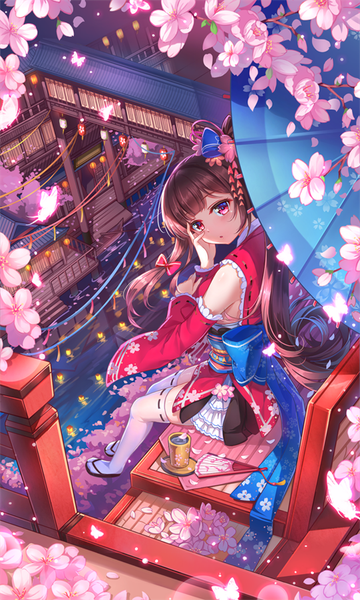 Anime picture 541x900 with original miazi single long hair tall image looking at viewer red eyes brown hair sitting girl thighhighs hair ornament flower (flowers) bow hair bow detached sleeves petals white thighhighs umbrella oriental umbrella