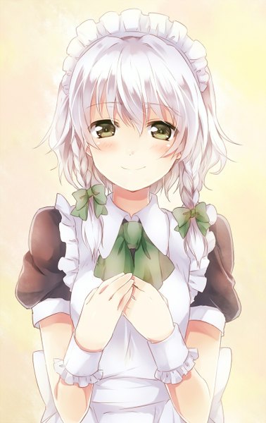 Anime picture 800x1270 with touhou izayoi sakuya single tall image looking at viewer blush fringe short hair smile green eyes silver hair braid (braids) maid twin braids girl hair ornament bow hair bow headdress maid headdress