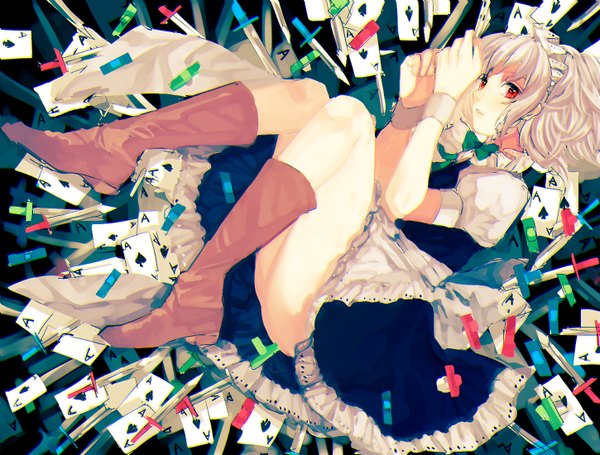 Anime picture 1450x1100 with touhou izayoi sakuya tian (my dear) single looking at viewer short hair light erotic red eyes white hair lying braid (braids) maid girl uniform weapon headdress maid headdress wrist cuffs knee boots knife