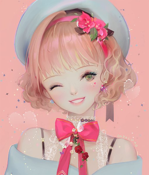 Anime picture 900x1056 with original dadachyo single tall image blush open mouth smile bare shoulders green eyes signed pink hair parted lips one eye closed wink lipstick portrait wavy hair pink background ;d pink lipstick