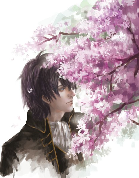 Anime picture 800x1029 with gintama sunrise (studio) hijikata toshiro fin (pixiv) single tall image short hair blue eyes black hair simple background white background looking away profile realistic cherry blossoms serious boy uniform flower (flowers) plant (plants)
