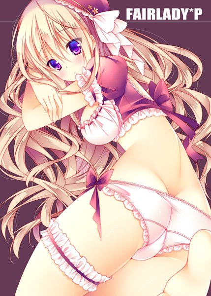 Anime picture 572x800 with original sorai shin'ya single long hair tall image blush fringe light erotic simple background blonde hair hair between eyes purple eyes ass inscription puffy sleeves crossed legs turning head wavy hair leg lift (legs lift) brown background