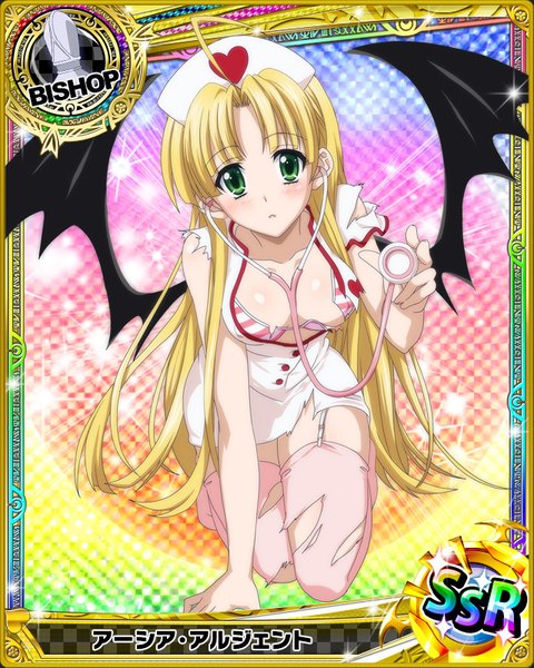 Anime picture 640x800 with highschool dxd asia argento single long hair tall image looking at viewer blush light erotic blonde hair green eyes torn clothes card (medium) nurse girl thighhighs uniform wings lingerie bra torn thighhighs